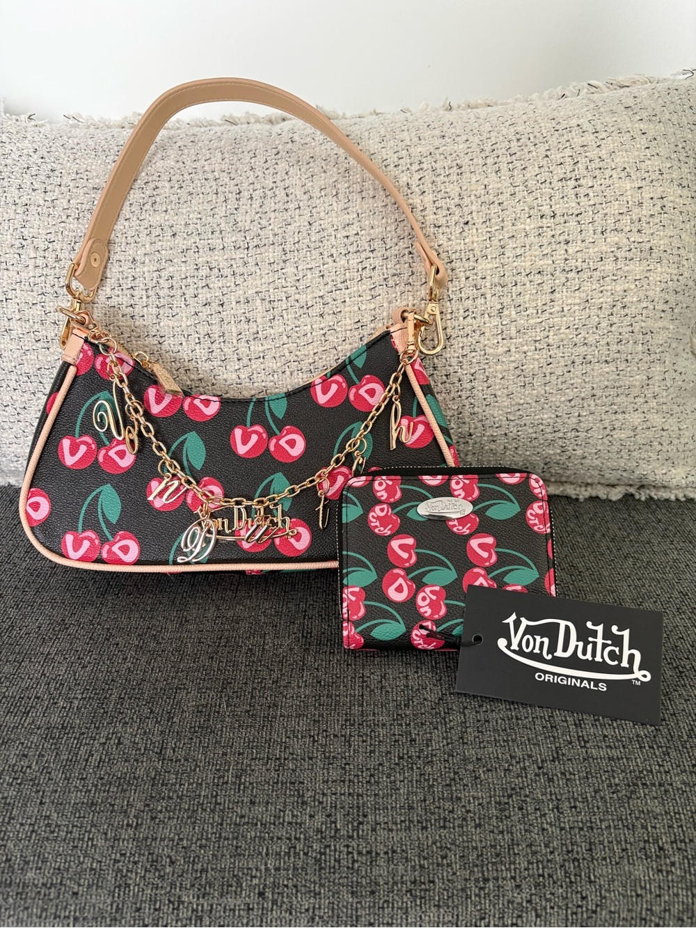 Von Dutch Black Cherry Print Shoulder Bag with Tan Strap